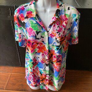 Carole Little Watercolor Rayon Gauze Button Down Short Sleeve Blouse 12